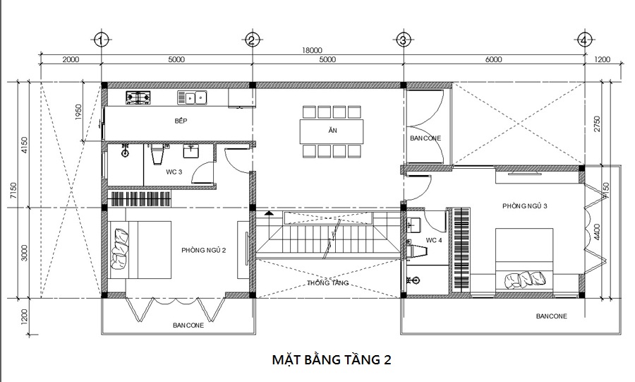 Thiết kế Tầng 3 của mẫu nhà 3 tầng 2 mặt tiền