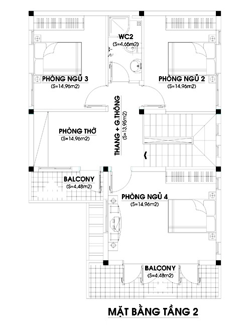 Mặt bằng tầng 2 - Bảng vẽ chi tiết mẫu nhà 2 tầng mái thái 80m2