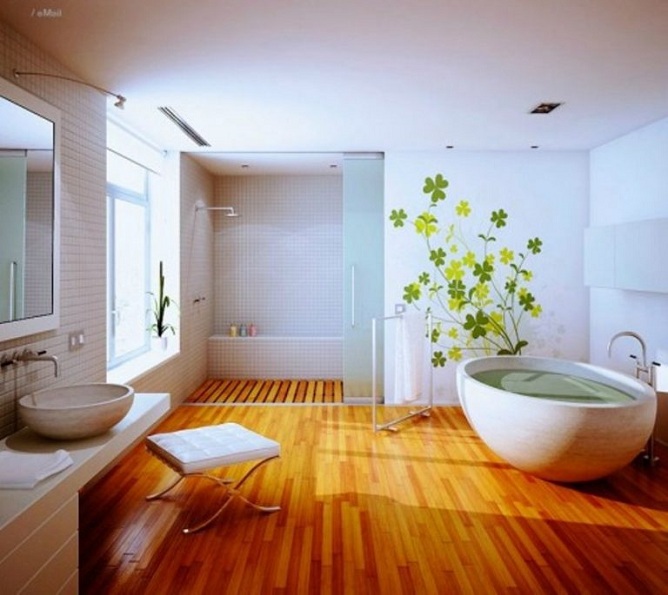 Màu sàn gỗ sáng, các thanh gỗ nhỏ được ốp xen kẻ nhau thành 1 khối dày đặc, thiết kế này phù hợp với nhà tắm có diện tích rộng.