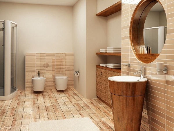 Sàn gỗ nhà tắm thiết kế sọc dài, ốp xen kẻ là sự lựa chọn hàng đầu của nhiều gia đình