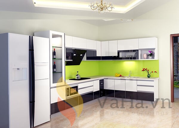 phòng bếp thiết kế gọn gàng với 3 màu trắng đen và xanh neon