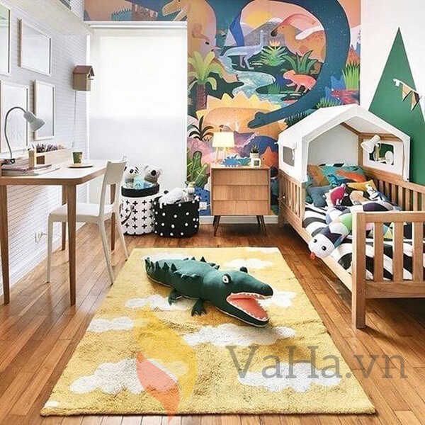Phòng ngủ bé trai sinh động với bức tranh khủng long